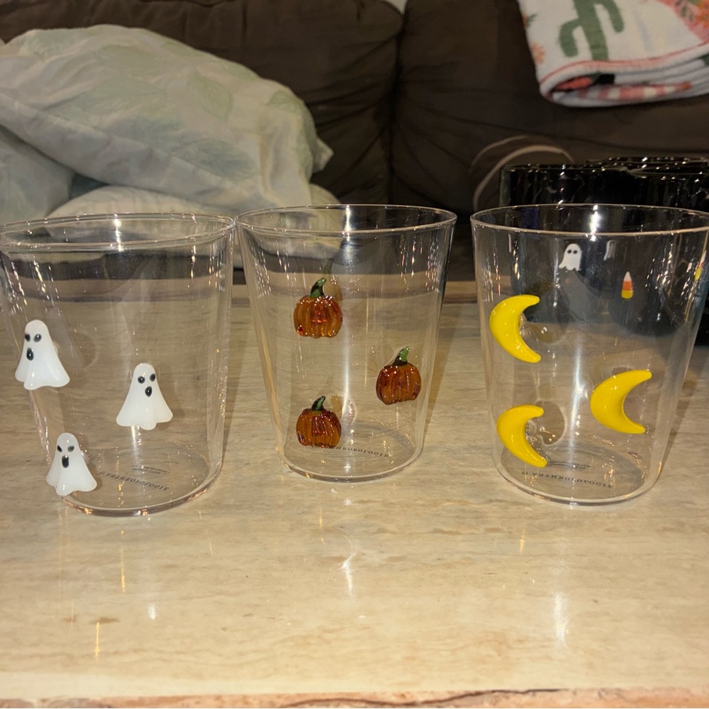Anthropologie Halloween Drinking Glasses Ghost Pumpkin Moon 3D Spooky Drinkware